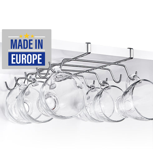 EDNA HOME Mug Cups Storage Rack, Drilling-Free Under Cabinet Closet Holder Hooks for Hanging Mugs, Ties, Belts, Scarf, Kitchen Utensils, Necklace and More, 10 Hooks, Made in Europe